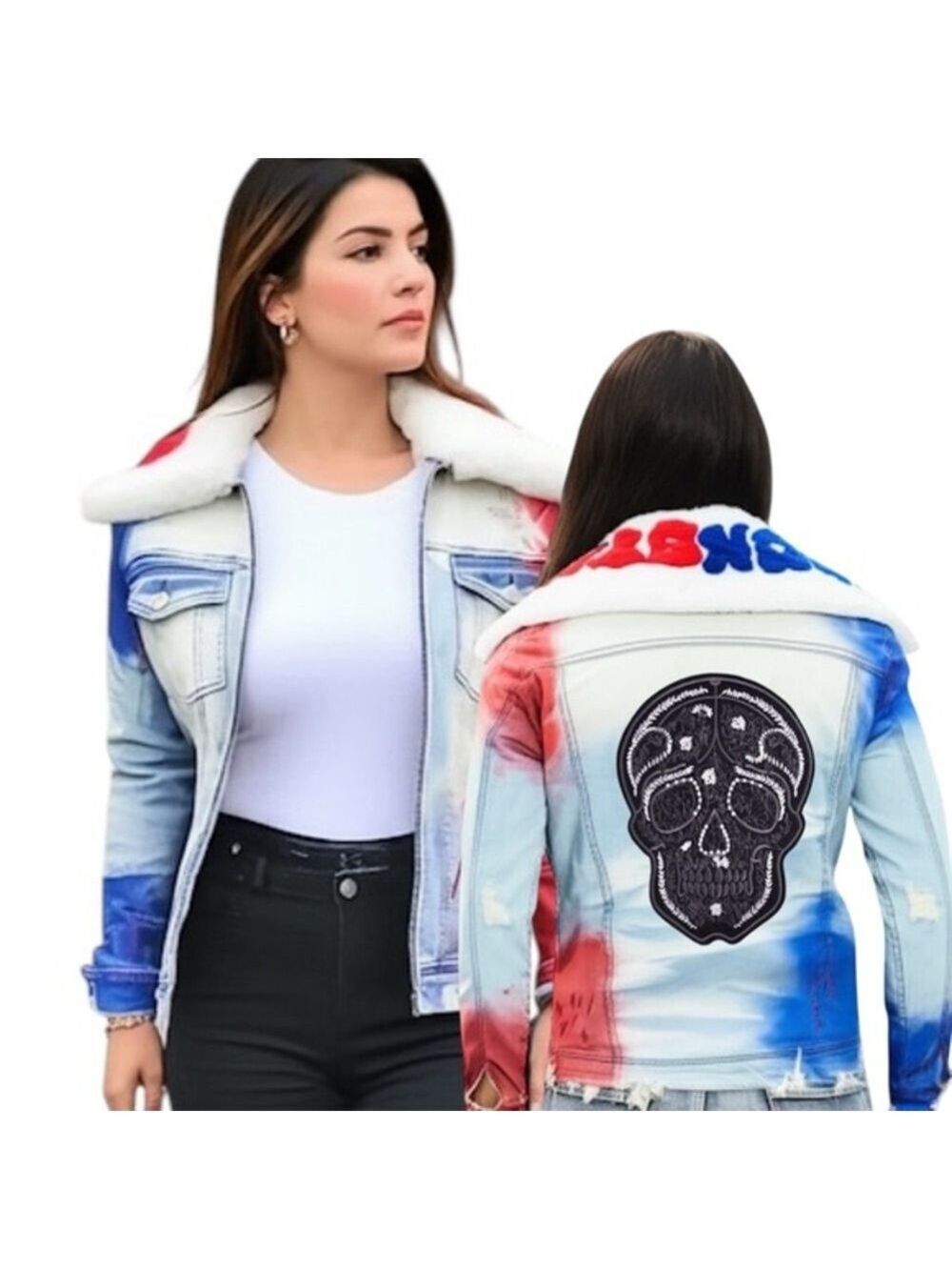 Rebel Spirit Wanderer Oversized Dye Denim Jacket Skull & Faux Fur Your Story!